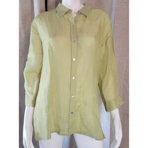 Chico's Shirt Women's 2 (US L) Green Linen Silk Button Down 3/4 Sleeve Sheer